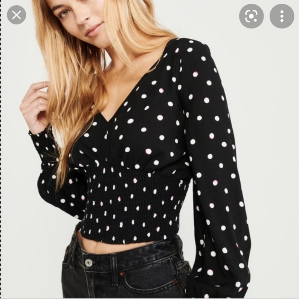 Abercrombie & Fitch Black Polka Dot Smocked Waist Blouse